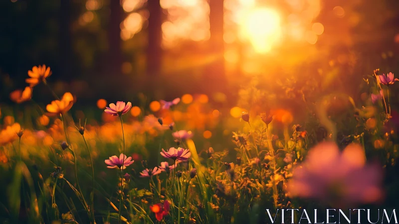 Backlit wildflower meadow with golden hour depth of field.
