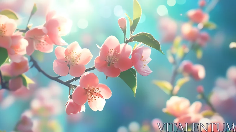 Cherry blossoms backlit against blue sky.