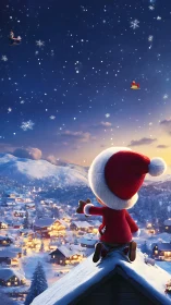 Child in Santa outfit watching snowy village at night.
