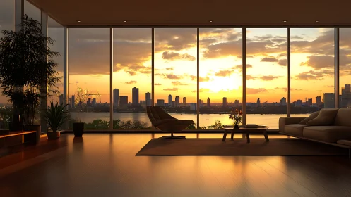 Photorealistic penthouse interior with panoramic sunset glazing.