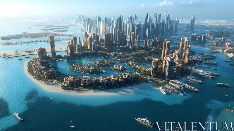 Coastal artificial island city with dense waterfront skyline.