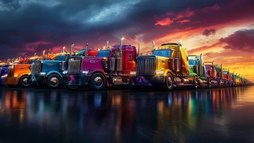 Chromatic convoy of glossy semi trucks under burning skies.