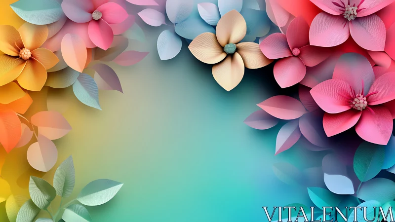 Layered pastel blossoms frame soft cyan gradient space.