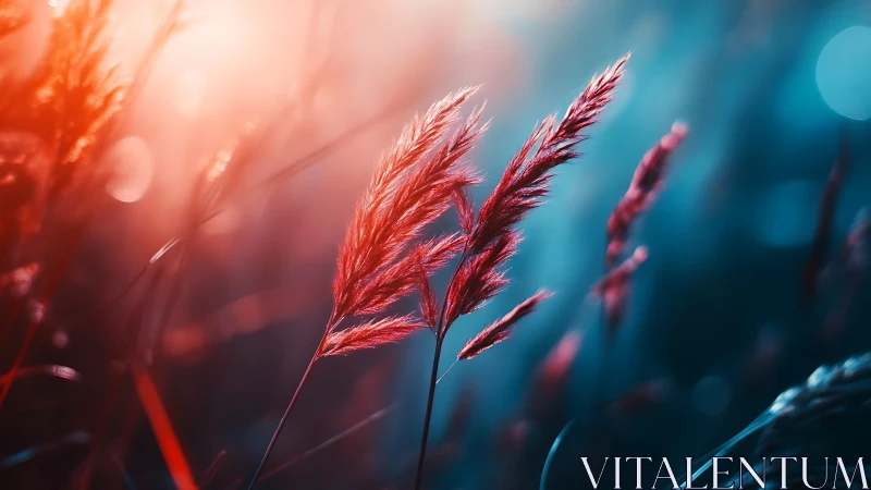 Sunlit red grass stalks in soft blue bokeh field.