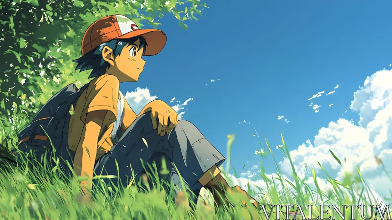 Youthful anime traveler resting in sunlit grass, wide-angle view
