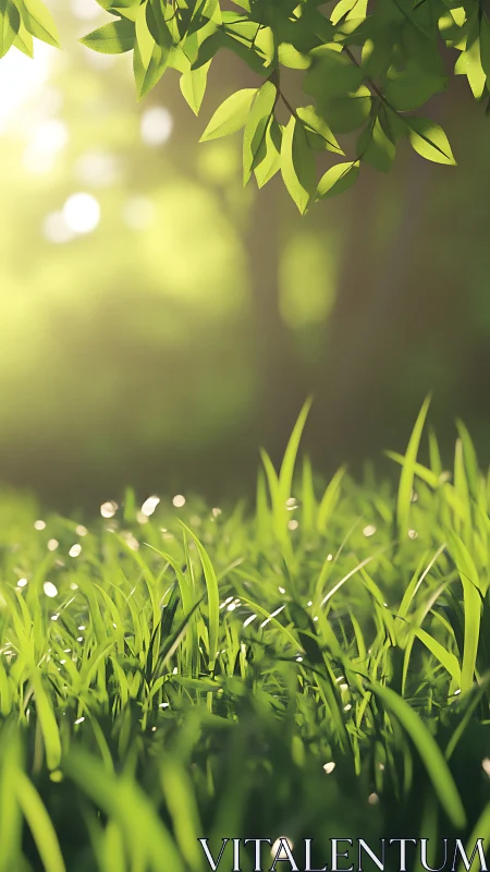 Sunlit grass and leaves in soft green forest light.