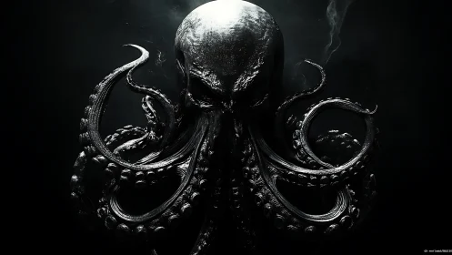 Cephalopod-like entity rendered in monochrome digital scene.