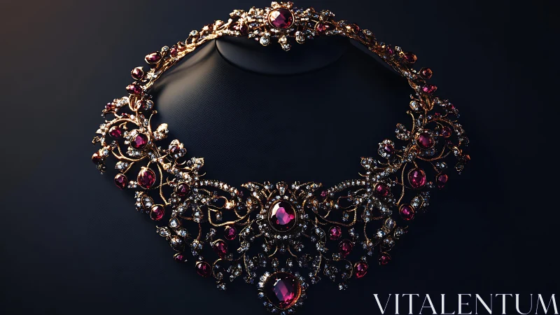 Ornate gold necklace with red gemstones on dark display.