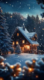 Snowy forest cabin glowing with winter evening magic.