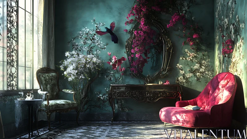 Luminous rococo parlor with florid chaise and mirrored arbor.