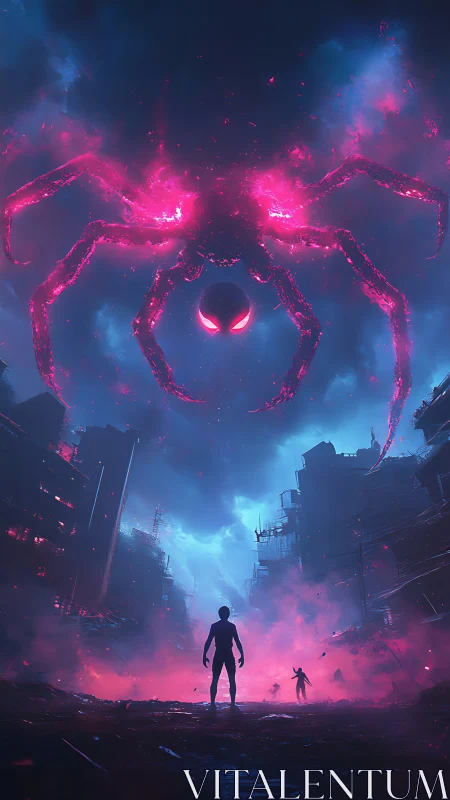 Neon spider entity over ruins and silhouetted figures.