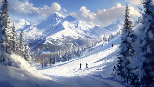 Skiers move down wide snowy slope below distant mountain peaks