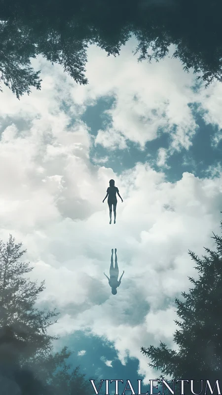 Surreal levitating figure mirrored in sky and forest reflection.