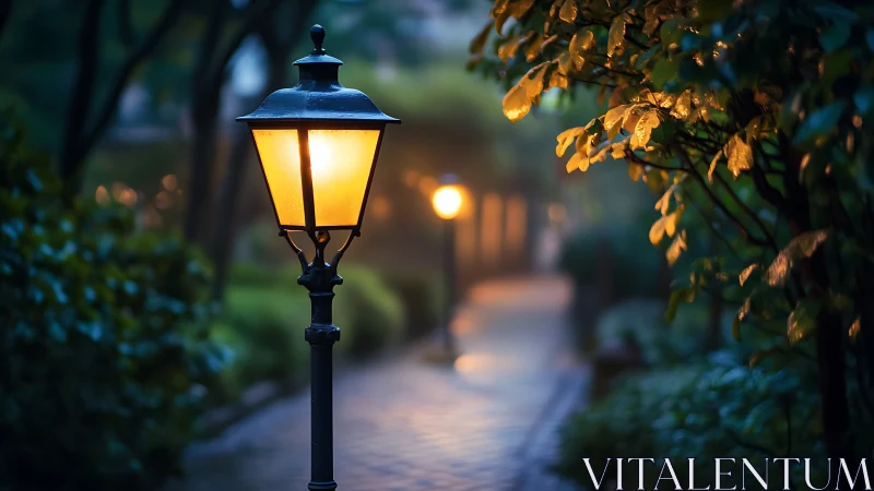 Warm streetlamp lighting a quiet tree-lined pathway.