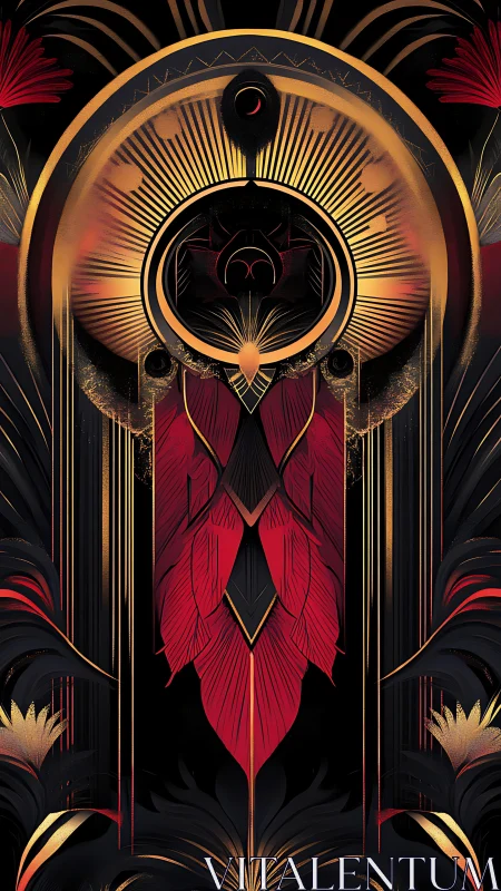 Art Deco celestial totem with radiant gold and crimson symmetry.