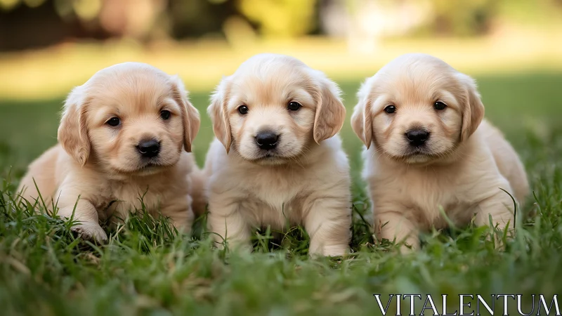 Golden retriever puppies resting together on lawn.