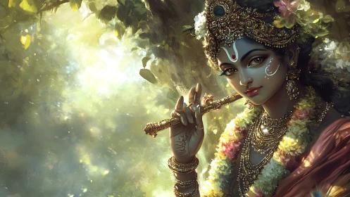 Divine flute bearer in jeweled garlands under golden light.