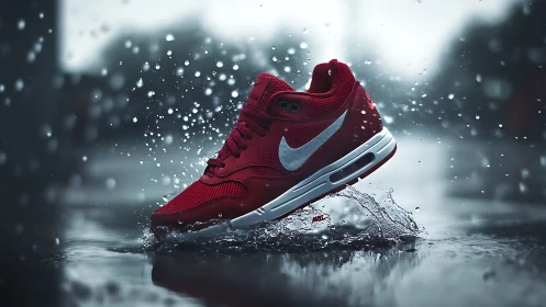 Red sprinting sneaker slices through rain in slow-motion glory