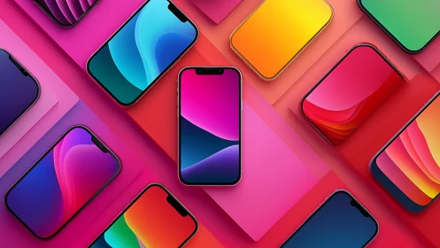 Digital painting layout of colorful smartphones in isometric grid.