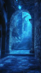 Stone passageway and stairwell are illuminated by blue light