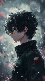 Brooding anime boy in dark jacket amid drifting petals.