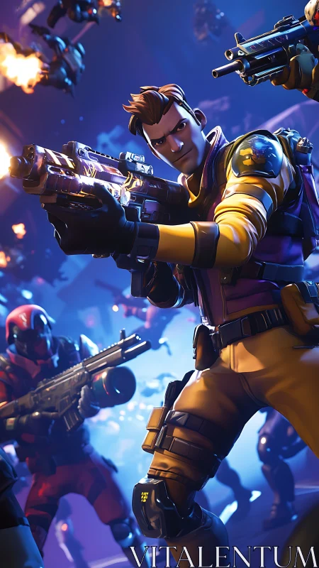 Stylized sci fi squad with energy rifles in neon combat zone