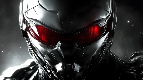 Close frontal view of metallic helmeted robotic figure.