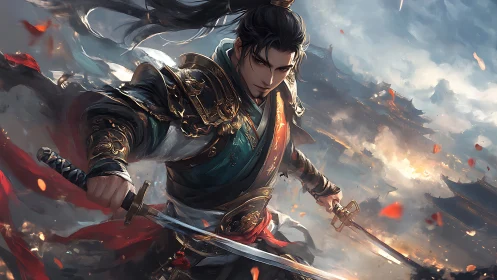 Armored swordsman with dual blades in burning citadel scene.