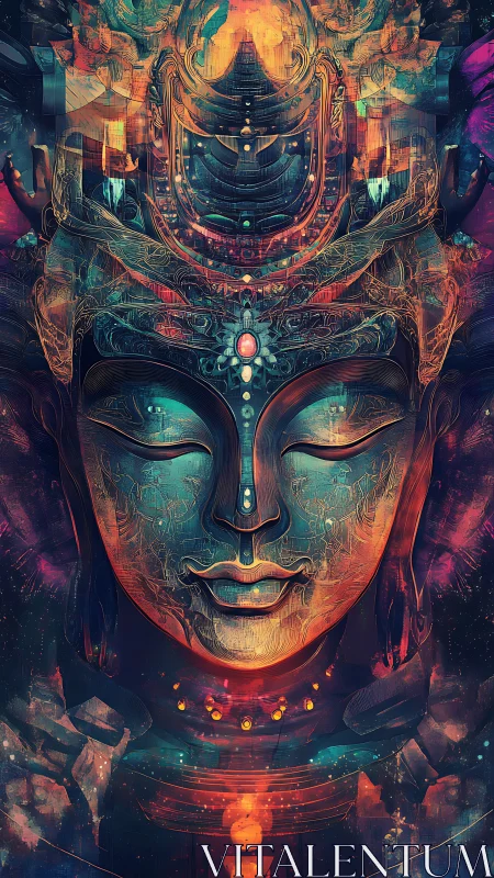 Cybernetic deity portrait glows with neon fractal filigree.