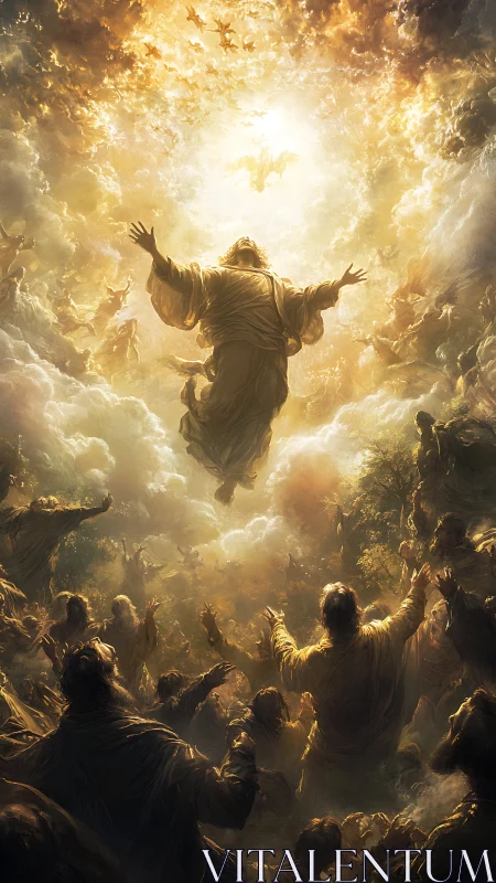 Golden skyward gathering beneath a radiant celestial opening.