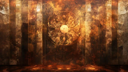 Radiant circular sigil glows against distressed metallic wall