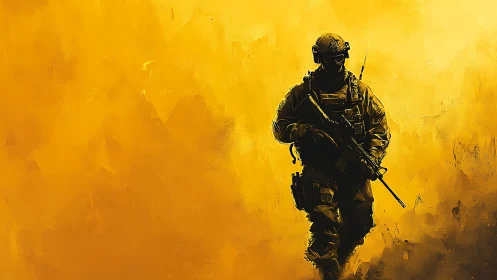 Silhouetted modern infantryman advances through abstract ochre haze