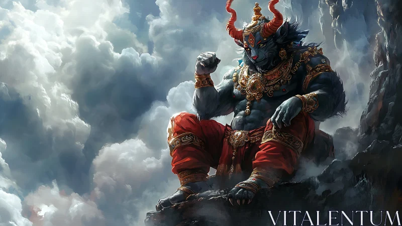 Horned blue demon lord resting on rocky cloud throne.