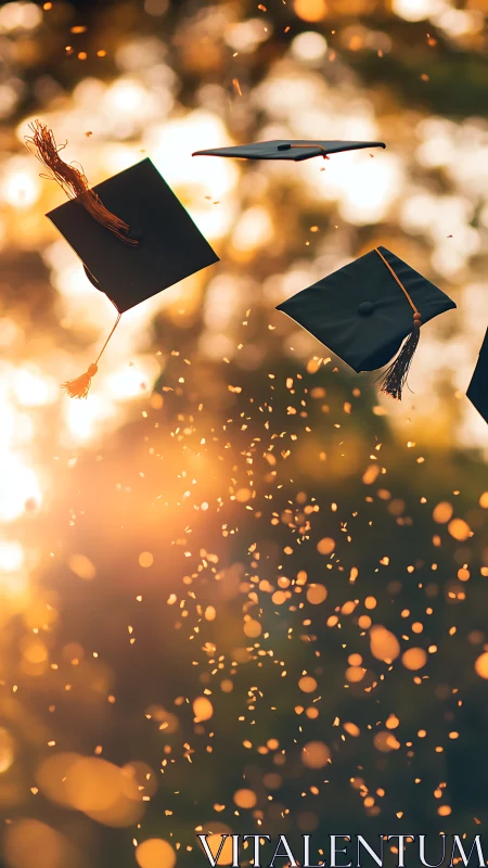 Graduation caps thrown in air against warm sunset light.