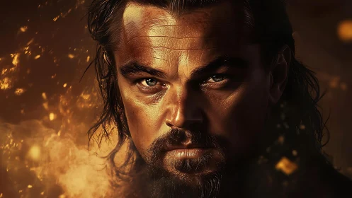 Intense warrior portrait burns within molten golden light.