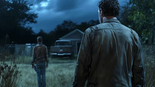 Mud stained men approach truck under stormy night sky.