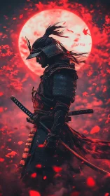 Samurai silhouette under crimson supermoon with drifting leaves.