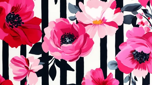 Botanical Digital Illustration With Layered Pink Peonies Against Graphic Black Striped Composition