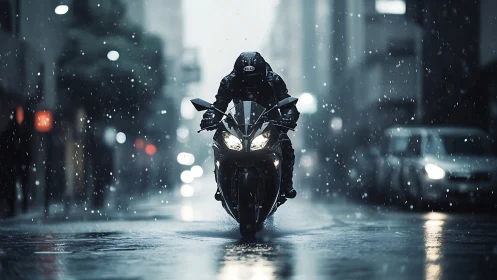Photorealistic urban rider on sport motorcycle in heavy rain.