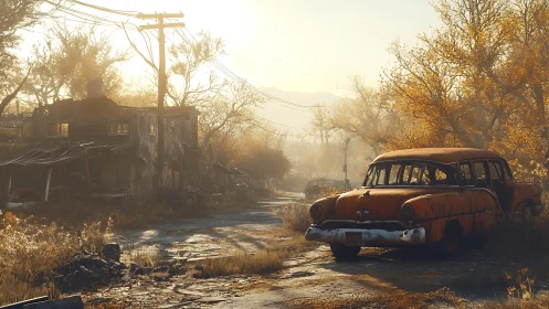 Rusty station wagon naps under autumn light in ruined suburb