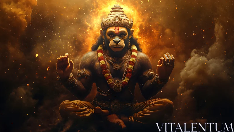 Divine simian yogi sits in fiery cosmic meditation glow.