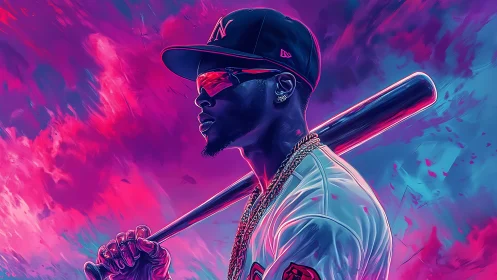 Electric neon baseball hero stands ready under vivid skies