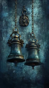 Baroque bronze bells hang against oxidized teal stone wall