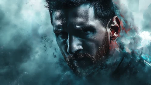 Moody digital portrait of intense bearded male face.