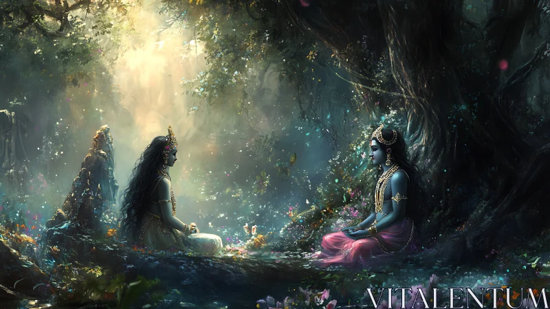 Divine figures share a tranquil meeting in a glowing forest.