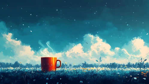 Digital painting of red mug in dreamlike wildflower meadow.
