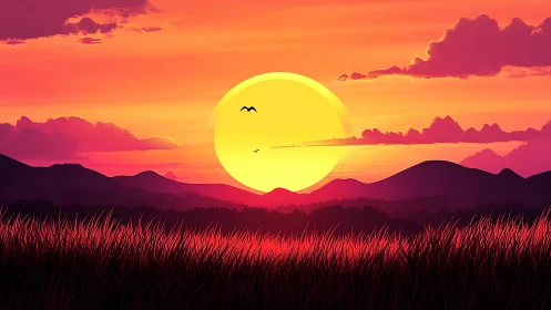 Digital painting sunset with silhouetted hills and grasses.