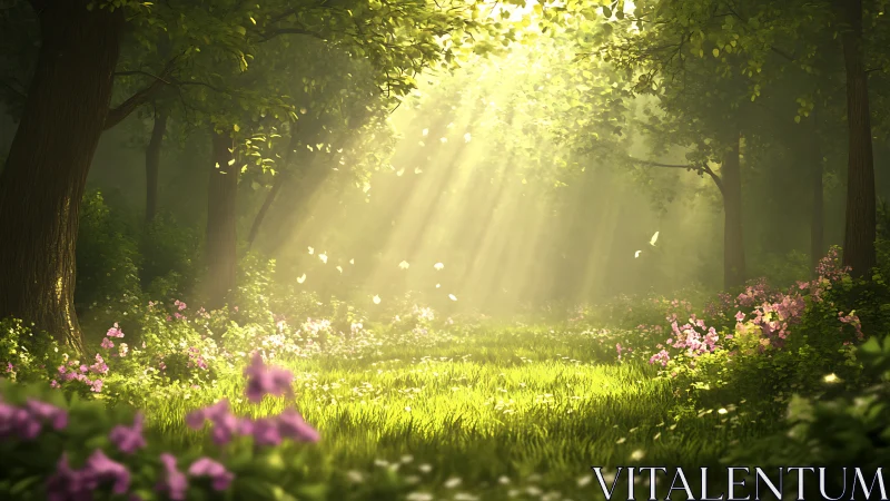 Sunlit forest glade welcomes soft wildflowers and quiet peace