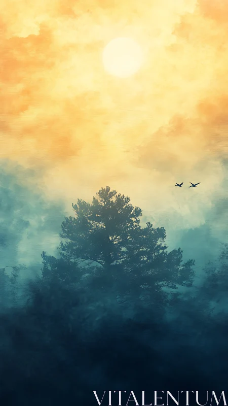 Sunlit mist above solitary tree with distant flying birds.