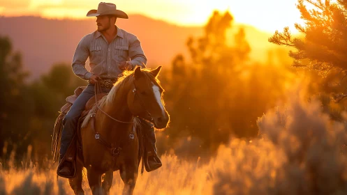 Cowboy on horseback rides through glowing sunset prairie.
